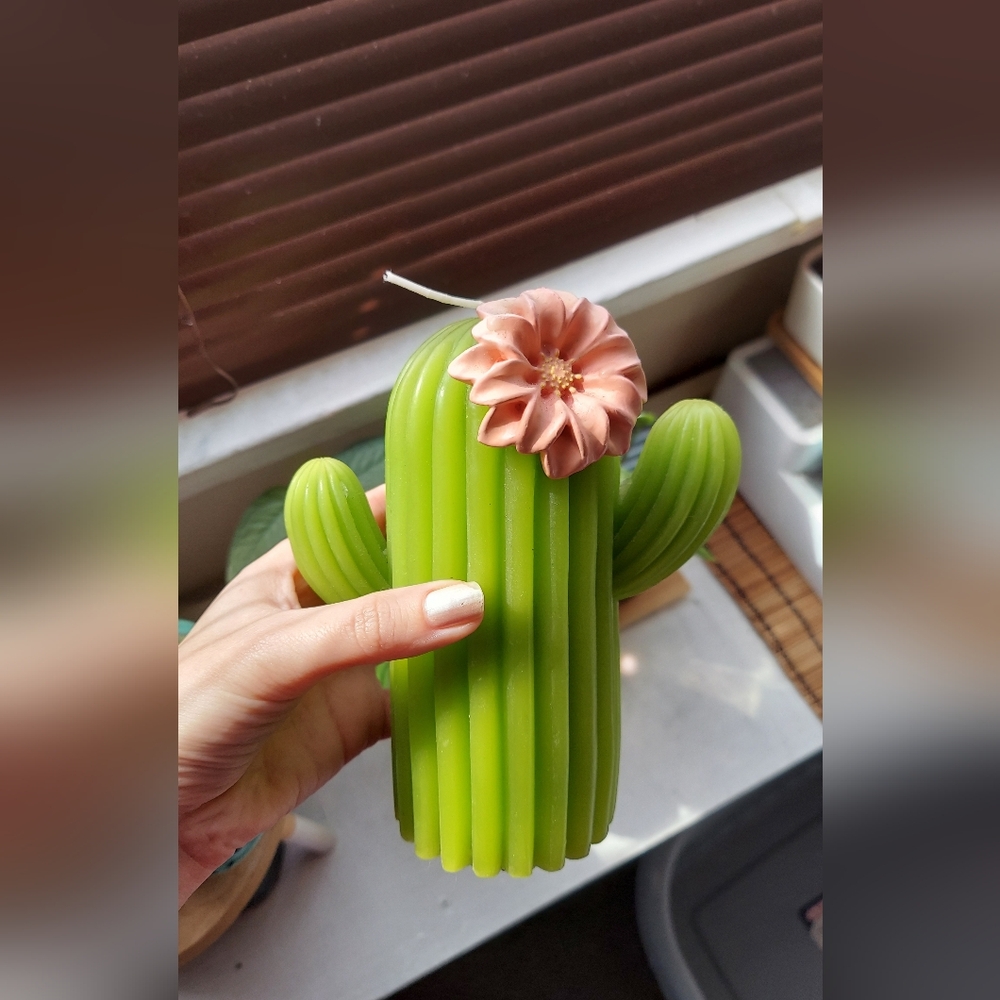 T.J.Maxx Green Cactus Candle with Pink Flower Accent